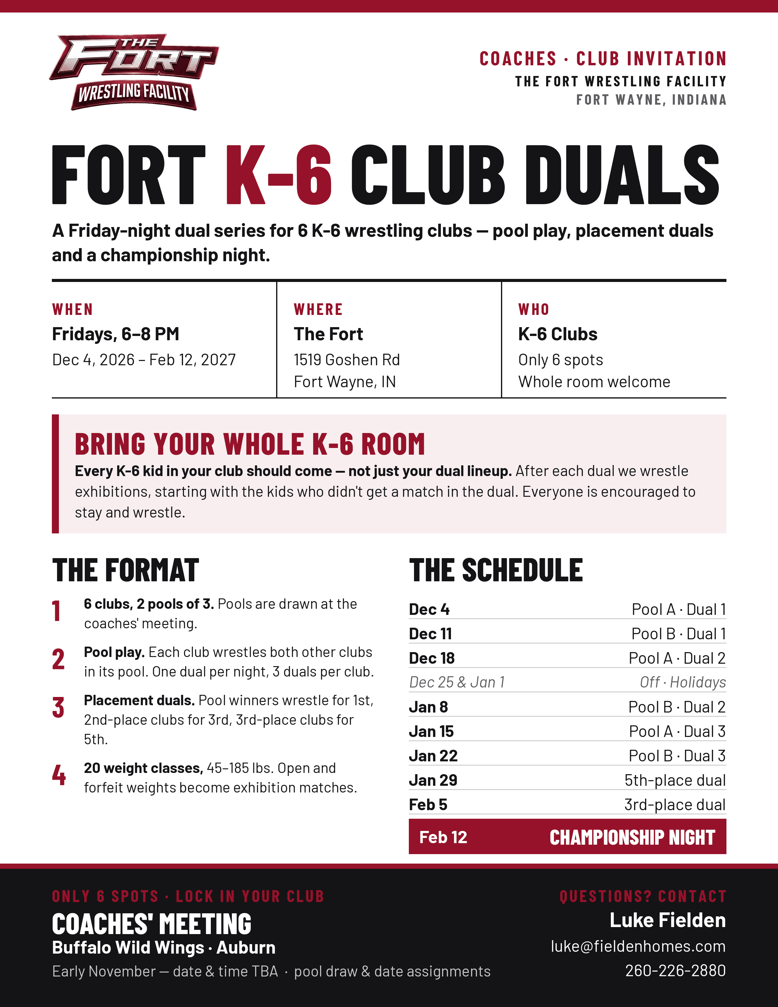 Fort K-6 Club Duals flyer — Friday-night dual series for 6 K-6 clubs, Dec 4, 2026 – Feb 12, 2027